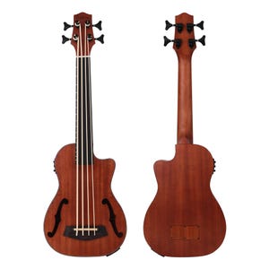 May include: Acoustic-electric bass guitar with a mahogany finish. The instrument features four strings, black tuning pegs, and a cutaway design. The front view shows the sound holes and fretboard, while the back view displays the body's construction.