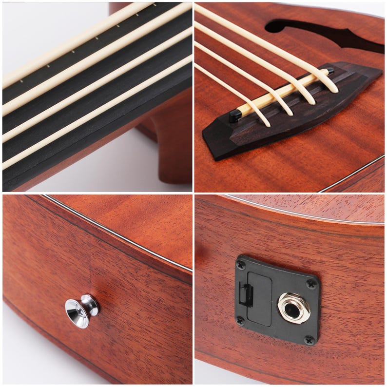 May include: Close-up shots of a wooden ukulele. The instrument features four strings, a bridge, and a sound hole. Details include the tuning pegs, the body's wood grain, and the jack for an amplifier.