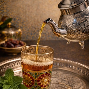 May include: A silver teapot pours tea into a decorative glass with gold filigree and a red and gold floral pattern. The glass sits on a silver tray with a sprig of mint. Dates are in a bowl in the background.