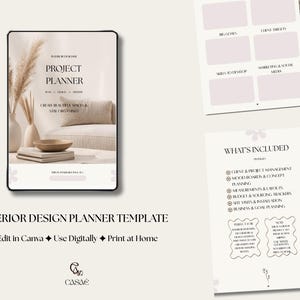 Könnte beinhalten: Eine Vorlage für einen Innenarchitektur-Projektplaner mit einem Deckblatt mit einem neutralen Wohnzimmerbild, einer Zielsetzungsseite mit sechs rechteckigen Feldern und einer Informationsseite mit Projektmanagement-Abschnitten.