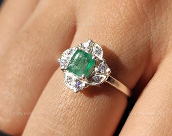 Anillo de esmeralda natural en plata de ley 925 con corte cojín y halo floral de esmeralda, detalle de diamante, anillos de compromiso llamativos, joyería para ella.
