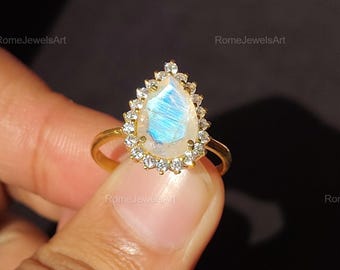 Anillo de piedra lunar arcoíris en forma de lágrima, plata de ley 925 con halo de diamantes