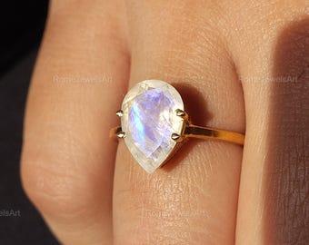 Pear Cut Rainbow Moonstone Ring, 925 Sterling Silver, Boho Jewelry