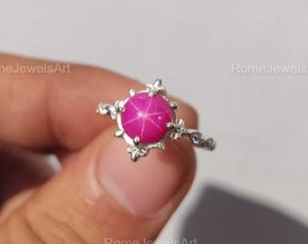 Pink Star Sapphire Ring, 925 Sterling Silver Engagement Ring