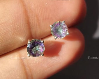 Orecchini a bottone con topazio mistico: argento sterling 925, pietra preziosa arcobaleno