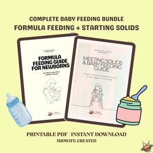 Puede incluir: Un paquete digital con dos tabletas que muestran guías tituladas Formula Feeding for Newborns y Meeting Solids & Baby Feeding Guide. Incluye ilustraciones de un bebé siendo alimentado, un biberón azul y un frasco de comida con una cuchara.