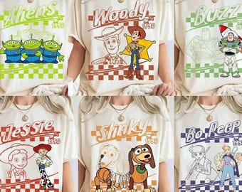 Retro DisneylandPixar Toy Story All Characters Checkered Signature Shirt, Woody, Buzz, Jessie, Bo Peep, Personalized Group Matching Tee