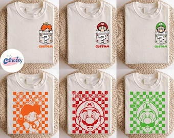 Custom Name 2-sided Super Mario Retro Checkered Shirt, Family Matching Holiday Trip Matching Tee, Super Mario Birthday Trip Gifts