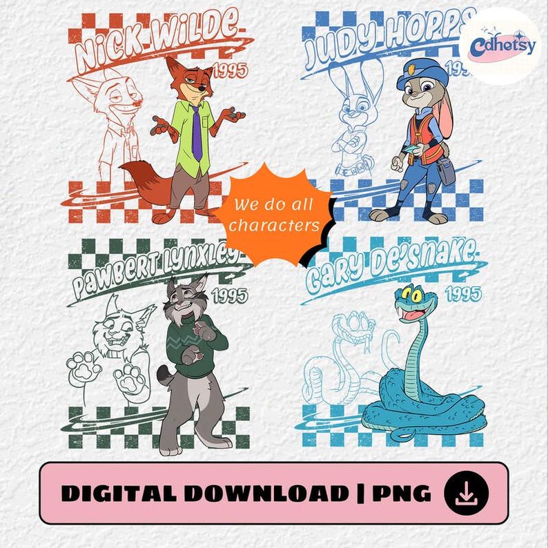 Retro Toy Story All Characters Checkered Signature Group Matching PNG, Woody, Buzz, Jessie, Personalized Family Matching Digital File image 2