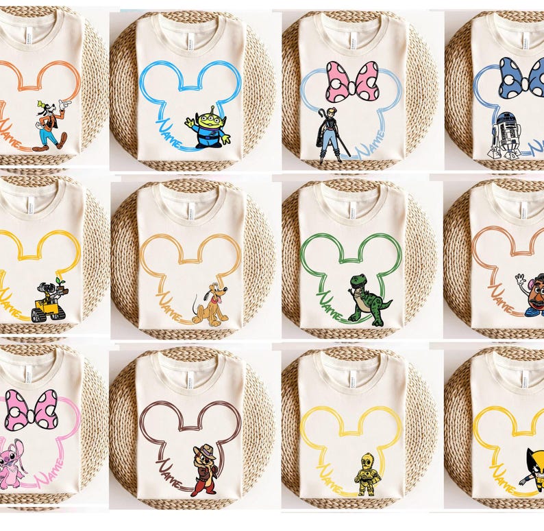 Customize Sketch All Disneyland Characters Family Matching Shirt, Custom Name Mickey and Friend Tee, Personalized Disneyland Group Matching Bild 2