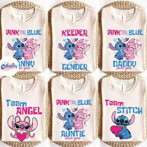 Camiseta para fiesta de revelación de género de Disneyland, camiseta de equipo rosa o azul, equipo Stitch y equipo Angel, camiseta a juego para baby shower de Disneyland imagen 5