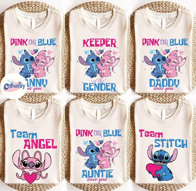 Camiseta para fiesta de revelación de género de Disneyland, camiseta de equipo rosa o azul, equipo Stitch y equipo Angel, camiseta a juego para baby shower de Disneyland imagen 5