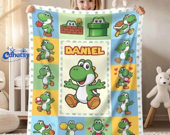 Personalized Super Mario Yoshi Fleece Blanket, Super Mario Birthday Party Fleece Blanket, Birthday Boy Mario Lovers Gift Home Decoration