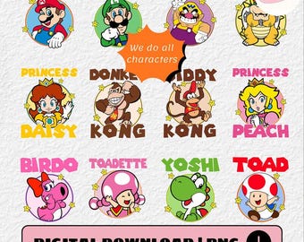 Custom Name Super Mario Family Matching PNG, Super Mario Characters Family Group PNG. Mario Luigi Yoshi Peach Bowser Toad PNG