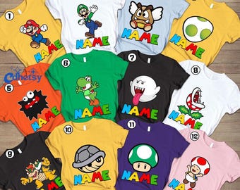 Camiseta personalizada con nombre de Super Mario para Halloween 2026, camiseta a juego para la familia Mario, camiseta para el grupo de cumpleaños de Mario, fiesta de disfraces de Halloween