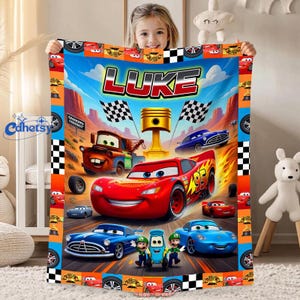 Personalized Disneyland Cars Fleece Blanket, Custom Name Lightning McQueen Blanket, Cars Mario Luigi Blanket, Birthday Gift, Cars Blanket image 1