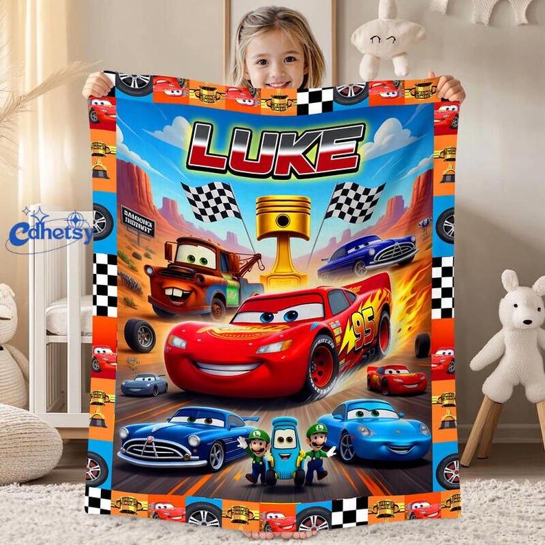Personalized Disneyland Cars Fleece Blanket, Custom Name Lightning McQueen Blanket, Cars Mario Luigi Blanket, Birthday Gift, Cars Blanket image 1