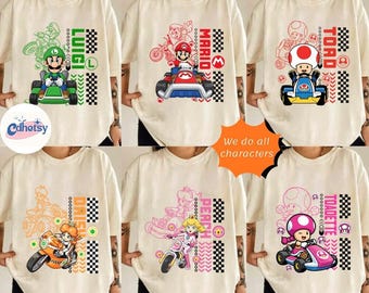 Camiseta de Super Mario Kart con todos los personajes, personalizada con la película de Super Mario Kart Bros, camiseta familiar del universo épico de Mario, camiseta de cumpleaños de Mario.