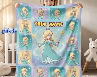 Personalized Name Super Mario Princess Rosalina Blanket, Custom Mario Birthday Party Fleece Blanket, Princess Birthday Girl Home Decor