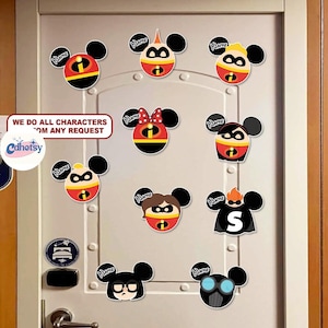 May include: A collection of colorful character-themed decals in the shape of Mickey Mouse heads, featuring various designs and the word "Name". The decals are affixed to a white door. The text "WE DO ALL CHARACTERS FROM ANY REQUEST" is also visible.