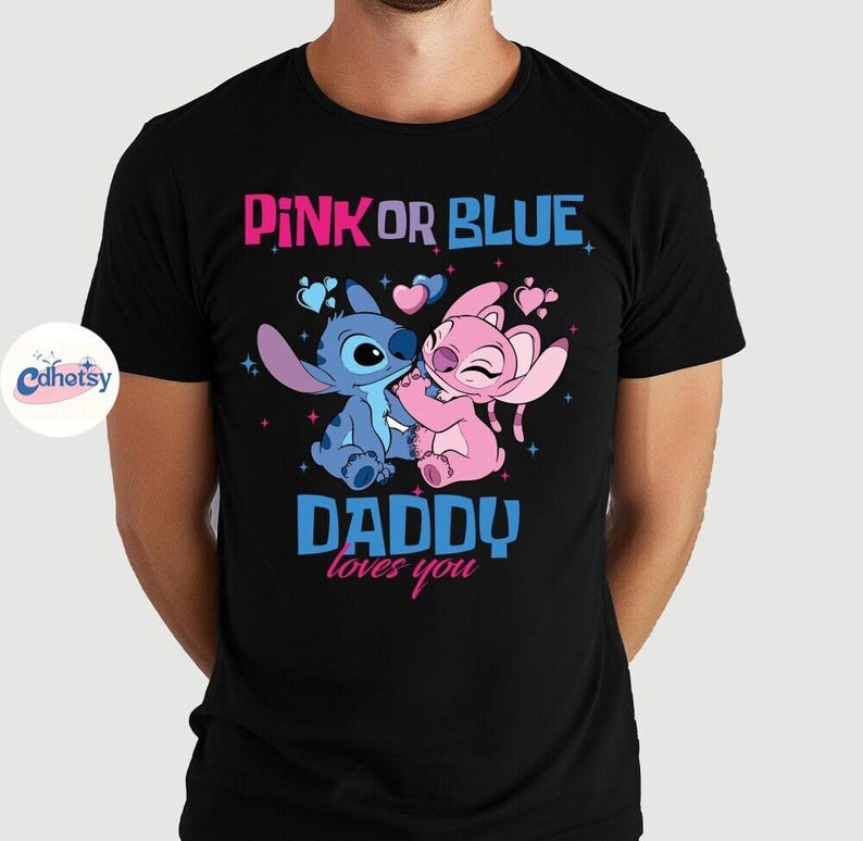 Camiseta para fiesta de revelación de género de Disneyland, camiseta de equipo rosa o azul, equipo Stitch y equipo Angel, camiseta a juego para baby shower de Disneyland imagen 3