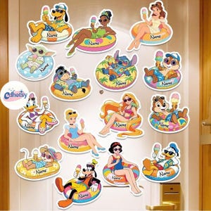 May include: A collection of colorful stickers featuring various cartoon characters, each relaxing in an inflatable ring and holding an ice cream cone. The stickers have the word "Name" printed on them. The stickers are in a variety of colors.