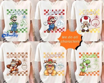 Customize All Characters Super Mario Retro Shirt, Mario Luigi Yoshi Bowser Family Matching Trip Tee, Super Mario Birthday Boy Girls Gifts