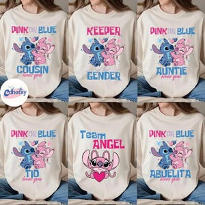 Camiseta para fiesta de revelación de género de Disneyland, camiseta de equipo rosa o azul, equipo Stitch y equipo Angel, camiseta a juego para baby shower de Disneyland imagen 1