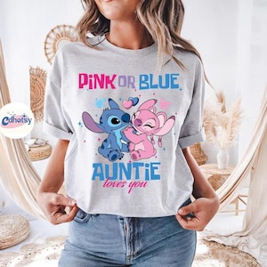Camiseta para fiesta de revelación de género de Disneyland, camiseta de equipo rosa o azul, equipo Stitch y equipo Angel, camiseta a juego para baby shower de Disneyland imagen 4