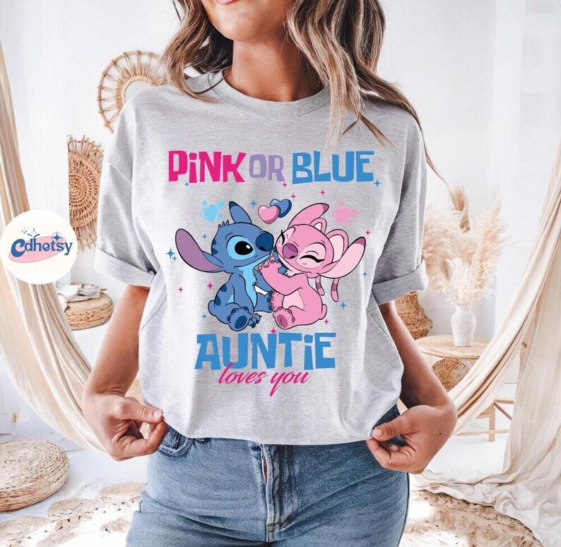 Camiseta para fiesta de revelación de género de Disneyland, camiseta de equipo rosa o azul, equipo Stitch y equipo Angel, camiseta a juego para baby shower de Disneyland imagen 4
