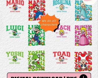 Retro Mario Characters Comfort Colors PNG, Princess Peach Bros Luigi Bowser Yoshi Digital File, Super Mario Birthday PNG Download