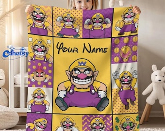 Personalized Name Super Mario Wario Blanket, Custom Wario Baby Blanket, Birthday Gift, Birthday Boy Mario Lovers Gift Home Decoration