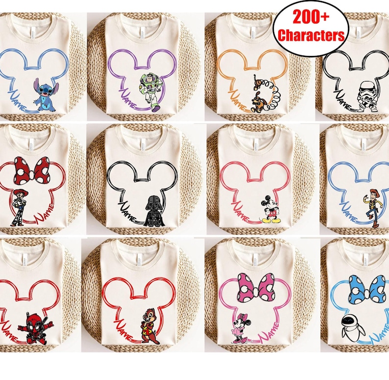 Customize Sketch All Disneyland Characters Family Matching Shirt, Custom Name Mickey and Friend Tee, Personalized Disneyland Group Matching Bild 1