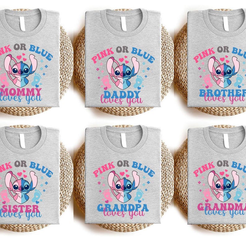 Camiseta de revelación de género de Disneyland Stitch Angel, rosa o azul, camisetas familiares a juego para baby shower de Disneyland, camiseta para mamá y papá primerizos imagen 2