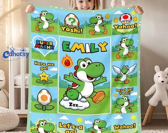 Personalized Super Mario Yoshi Fleece Blanket, Birthday Boy Mario Lovers Gift Home Decoration, Super Mario Birthday Party Fleece Blanket