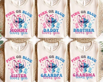 Disneyland Stitch Angel Gender Reveal Shirt, Pink or Blue Shirt, Disneyland Baby Shower Family Matching Shirts,  New Mom Dad T-Shirt