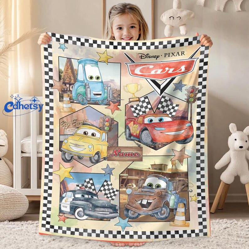 Personalization Cars Lightning McQueen Fleece Blanket, Lightning McQueen Sally Tow Mater Characters Blanket, Disneyland Cars Birthday Gifts image 1