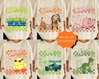 Retro Toy Story All Characters Checkered Signature Group Matching Shirt, Woody, Buzz, Jessie, Personalized Disneyland Family Matching Tee