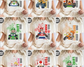 Camiseta retro personalizada de Super Mario Kart con todos los personajes, camiseta a juego para viajes familiares de Super Mario, regalo de cumpleaños de Super Mario
