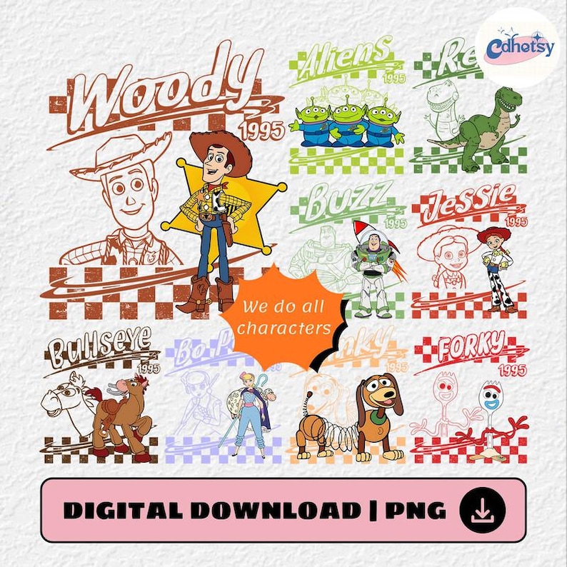 Retro Toy Story All Characters Checkered Signature Group Matching PNG, Woody, Buzz, Jessie, Personalized Family Matching Digital File image 1