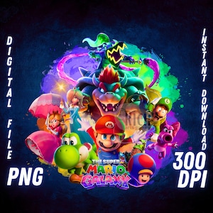 May include: A vibrant digital PNG file featuring characters from "The Super Mario Galaxy" video game. The image showcases Mario, Luigi, Princess Peach, Bowser, and other characters, with the text "DIGITAL FILE PNG" and "INSTANT DOWNLOAD 300 DPI" on a dark blue background.