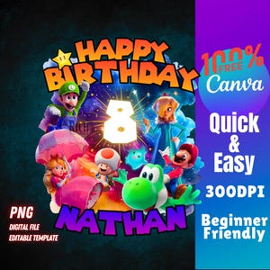 Pode incluir: Um modelo de convite de aniversário digital com personagens do Super Mario, incluindo Luigi, Princesa Peach, Toad, Yoshi e Rosalina. O design exibe o texto Happy Birthday, o número 8 e o nome Nathan em letras em negrito.