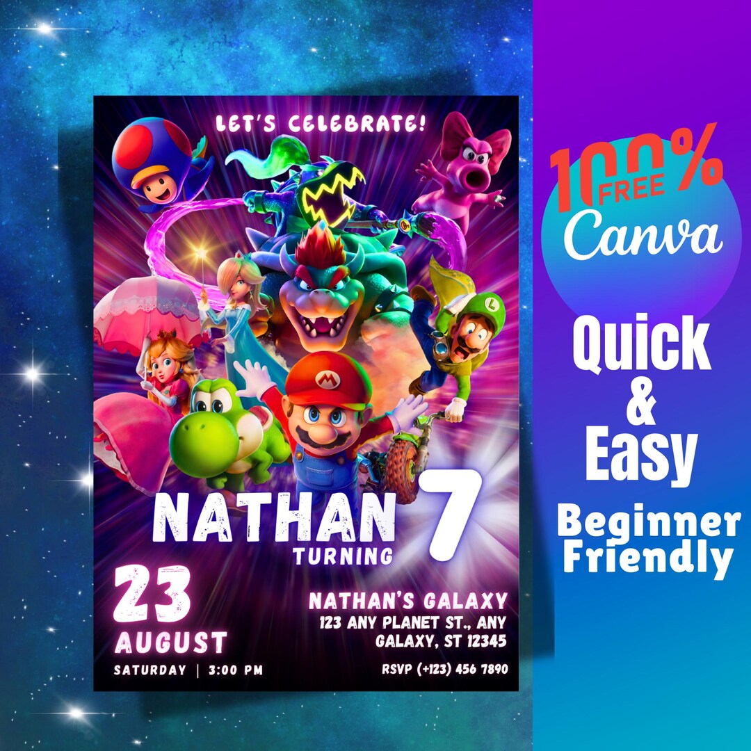 Mario Galaxy Birthday Invitation Card Canva Template Printable Bday ...