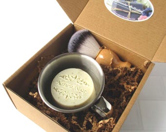 Shaving Soap Gift Set: Herbal Soap, Brush & Steel Cup
