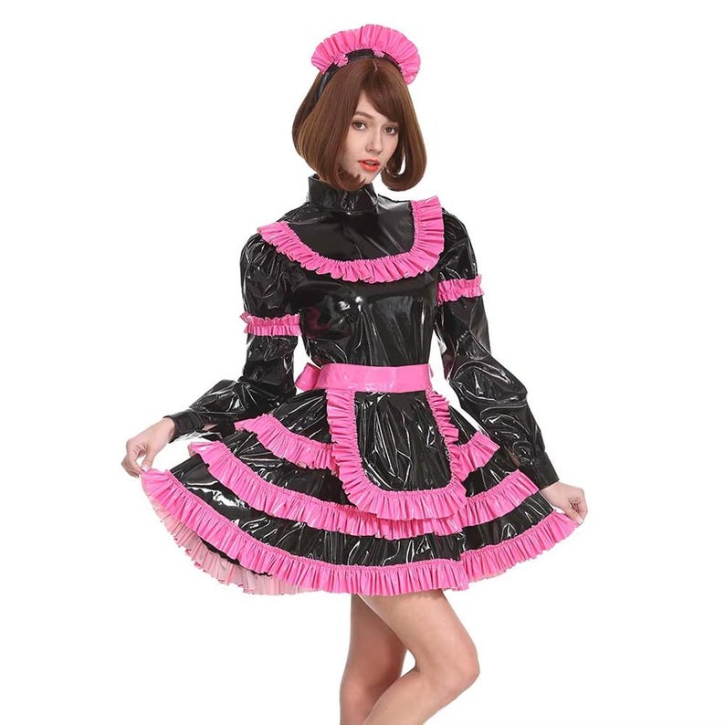 Lockable Maid Outfit, Glossy PVC Leather, High-necked Ruffled Apron ...
