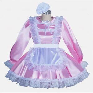 Sexy maid outfit, lockable pink satin dress, cosplay costume, customizable.