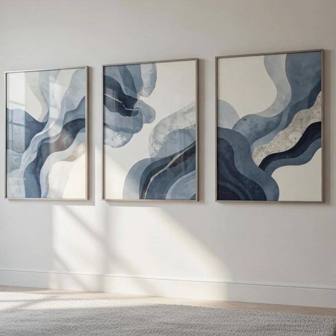 Navy Blue Abstract Printable Wall Art Set of 3 | Waves Watercolor ...