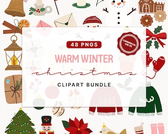 May include: A collection of Christmas-themed clipart elements, including a snowman, gingerbread house, ornaments, and a Christmas tree. The image features a variety of festive illustrations, such as a bell, candles, and a poinsettia. Text on the image reads "Warm Winter Christmas Clipart Bundle."