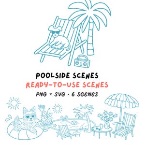 May include: A digital illustration set featuring blue line art of poolside scenes. Includes a dog in sunglasses on a lounge chair, a palm tree, a boombox, a dog in a pool float, a swimming pool, a sun, a cocktail, and a patio umbrella with chairs.