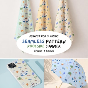 May include: A seamless pattern design featuring a poolside summer theme. The design includes illustrations of a cat in a floatie, ice cream, palm trees, and umbrellas. The pattern is displayed on fabric, a phone case, and a blue umbrella.
